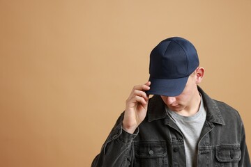 Man in stylish baseball cap on beige background. Mockup for design