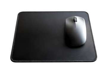 A sleek black mouse pad with a modern wireless mouse situated on a minimalist desk setting isolated on transparent background