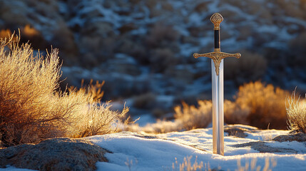 shiny modern sword standing on rocky ground, symbolizing strength, power, and resilience, reflecting a warrior's spirit and determination