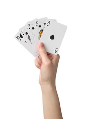 Woman with playing cards against white background, closeup