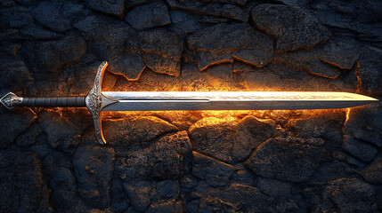 shiny modern sword standing on rocky ground, symbolizing strength, power, and resilience, reflecting a warrior's spirit and determination