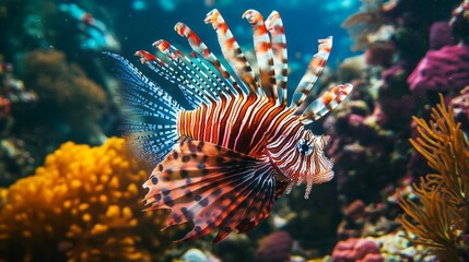 Vibrant lionfish in coral reef aquarium