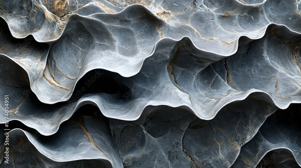 Poster Close-up view of a unique rock formation. The stone's texture shows intricate wave-like patterns and layers in shades of grey and gold. Abstract Stone Formation: A Symphony in Grey and Gold