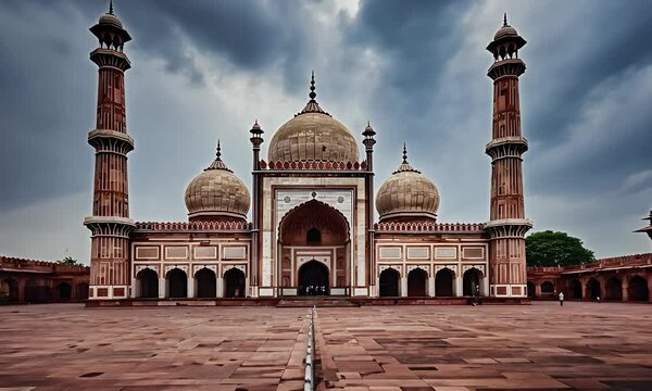 Majestic Jama Masjid, Delhi under a dramatic, cloudy sky.