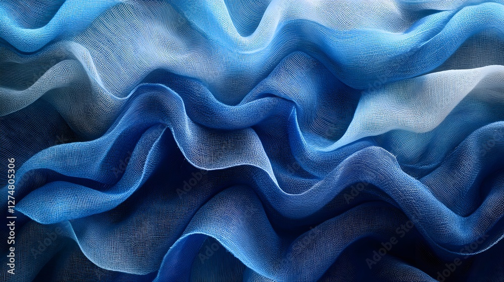 Poster abstract close-up of blue silk fabric with gradient and wavy texture. elegant and luxurious textile 