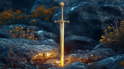 shiny modern sword standing on rocky ground, symbolizing strength, power, and resilience, reflecting a warrior's spirit and determination
