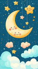 Naklejka premium Smiling crescent moon surrounded by stars and clouds illustration