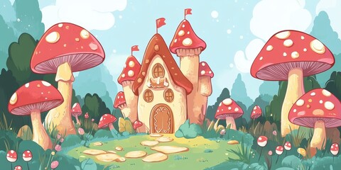 Obraz premium Mushroom house stands amidst a whimsical fungal landscape scenery