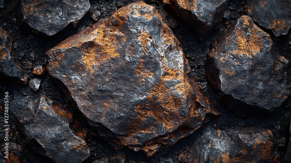 Poster close-up view of dark rocks with golden highlights. a rich texture and beautiful contrast. golden hu