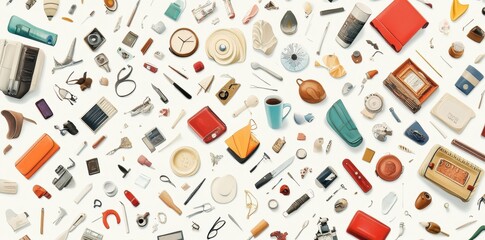 Varied collection of everyday objects displayed on a white background