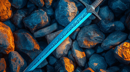 shiny modern sword standing on rocky ground, symbolizing strength, power, and resilience, reflecting a warrior's spirit and determination