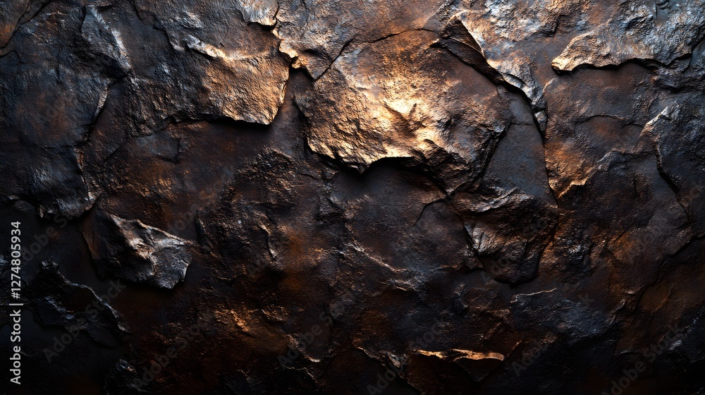 Poster Close-up of a dark, rugged rock surface. The image showcases the texture and color variations of the stone. Dark and Mysterious Stone Texture: A Close-Up View of Rugged Rock Formations