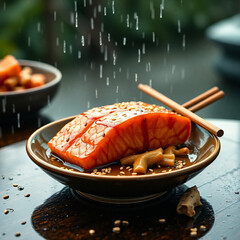 Honey-Soy Glazed Salmon - Ceramic Plate with Sesame, Ginger & Chopsticks