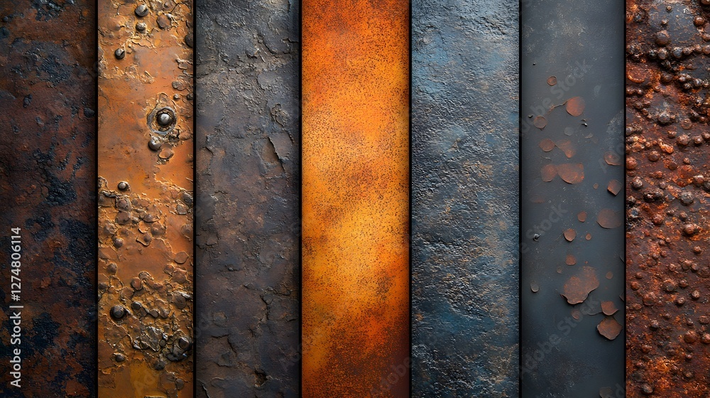 Poster various rust textures on metal surfaces, showcasing different stages of oxidation. ideal for design 