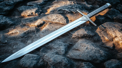 shiny modern sword standing on rocky ground, symbolizing strength, power, and resilience, reflecting a warrior's spirit and determination