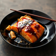 Honey-Soy Glazed Salmon - Ceramic Plate with Sesame, Ginger & Chopsticks