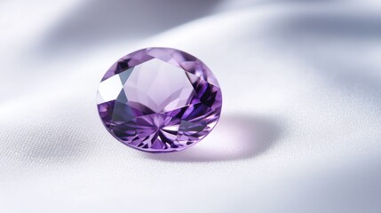 Fototapeta premium Round brilliant-cut amethyst gemstone reflecting violet hues on a smooth white surface