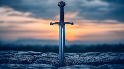 shiny modern sword standing on rocky ground, symbolizing strength, power, and resilience, reflecting a warrior's spirit and determination