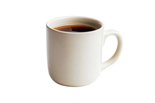 A simple white cup filled with freshly brewed coffee against a minimalist background isolated on transparent background