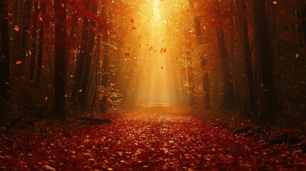 Forest pathway covered in red and gold leaves, leading into a sunlit clearing. No people no text