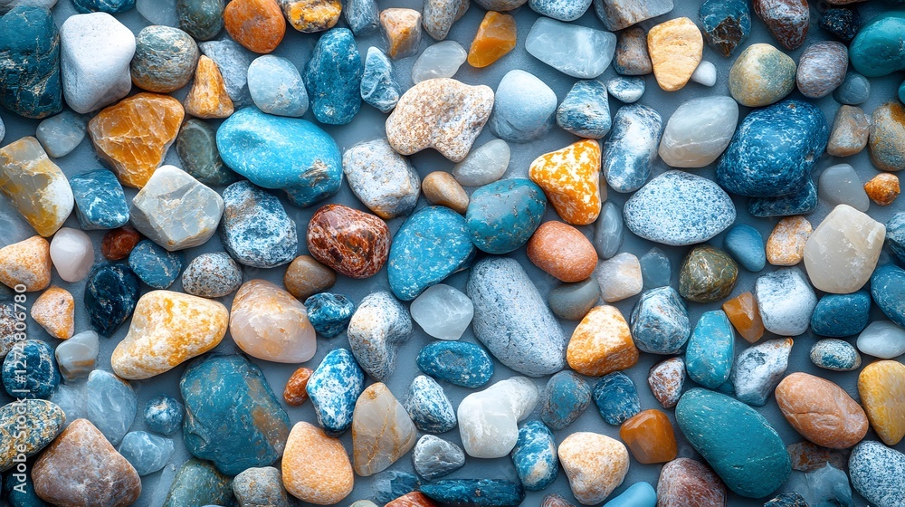Poster close-up view of various colorful pebbles, showcasing their smooth texture and vibrant colors. a stu