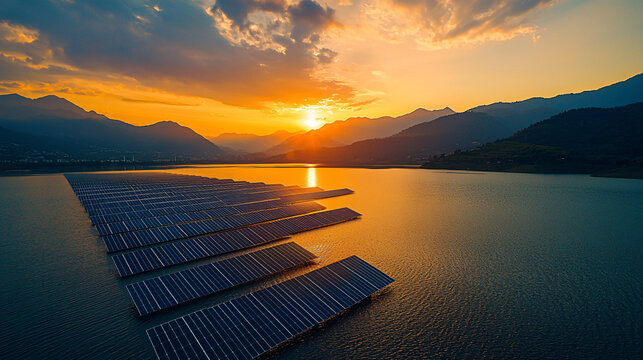 A colossal floating solar farm drifts upon a crystalline lake, its perfectly aligned photovoltaic panels shimmering like a digital mosaic.
