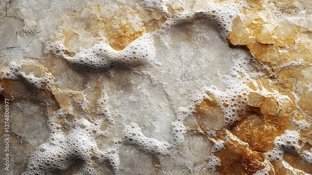 Poster close-up of a textured stone surface with white foam. beige and gold tones create a beautiful abstra