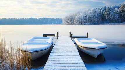 Obraz premium Frozen wooden dock with snow-covered boats resting by a tranquil winter lake.