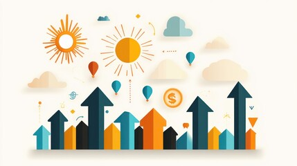 Upward Trending Growth Chart with Sun and Clouds