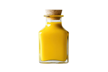 A vibrant yellow condiment in a glass bottle with a cork top sits on a light background isolated on transparent background