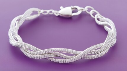 Sophisticated silver mesh bracelet with a modern design, elegantly displayed on purple