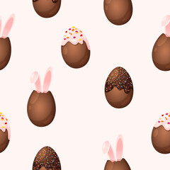 Easter holiday seamless pattern with chocolate sweet eggs isolated on light pink background.