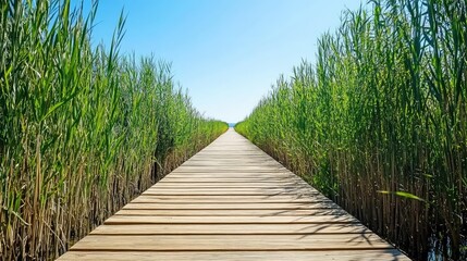 Fototapeta premium Long wooden boardwalk stretching through a marshland, surrounded by tall green reeds and summer skies.