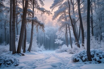 Obraz premium Enchanting Winter Wonderland in a Peaceful Snow-Laden Forest