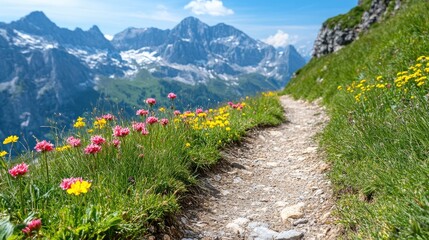 Majestic mountain hiking trail leading to a breathtaking summit, wildflowers blooming along the path.