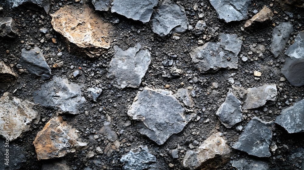 Poster close-up shot of a dark grey stone texture background. rough and irregular stones are embedded in da