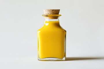 A vibrant yellow condiment in a glass bottle with a cork top sits on a light background isolated on transparent background