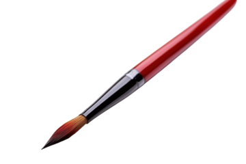 A vibrant red paintbrush resting elegantly against a bright white backdrop in a creative workspace isolated on transparent background