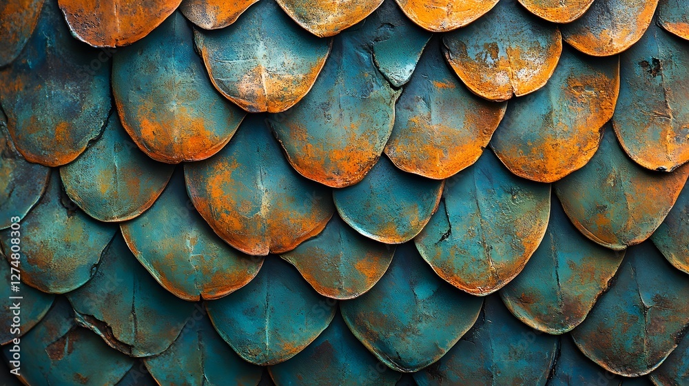 Poster close-up of a textured surface resembling scales in teal and orange hues. rustic teal and orange sca