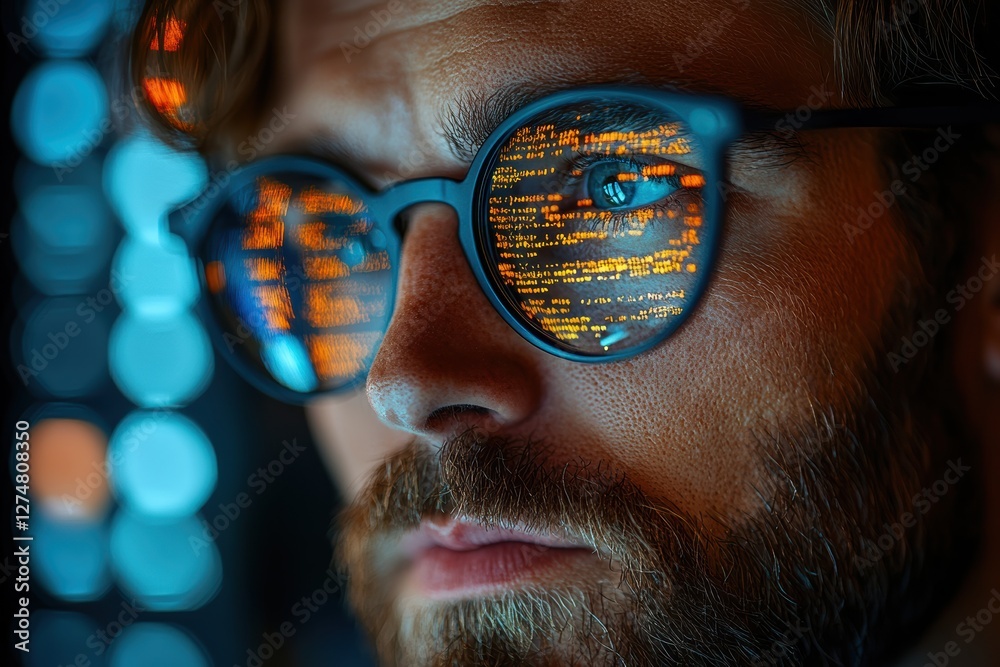 Poster focused developer programming in a modern workspace with vibrant reflections
