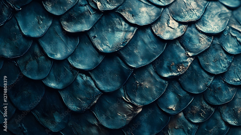 Poster close-up shot of textured teal scales. mysterious and beautiful. mystic teal scales: a deep dive int