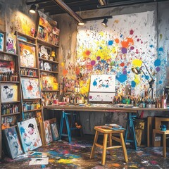 Naklejka premium Colorful artistic studio displays paints brushes and various art supplies