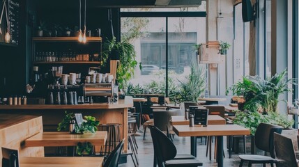 Nature-inspired caf interior with wooden tones, steel-framed arches, and vibrant indoor plants. No people no text
