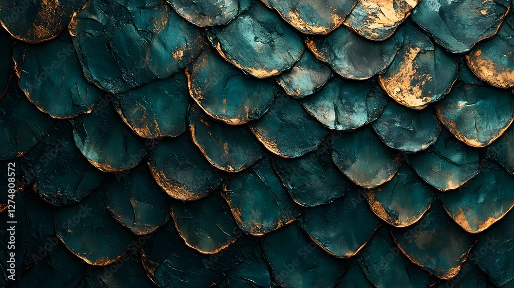Poster Close-up view of teal and gold scales, creating a luxurious and textured background. Perfect for design projects. Teal and Gold Scales: A Textured Masterpiece Scaly paint