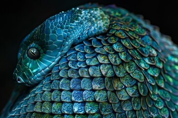 Fototapeta premium The emerald displays a captivating close-up of its head and body, revealing iridescent scales that shimmer in an array of green and blue tones, highlighting natural beauty