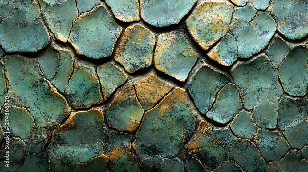 Poster close-up shot of an abstract cracked surface with teal and gold tones. the texture is intricate and 