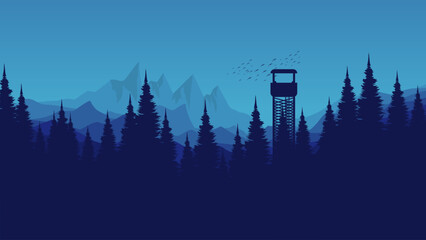 Fototapeta premium Mountain landscape with watchtower vector illustration good for web banner, ads banner, tourism banner, wallpaper, background template, and adventure design backdrop