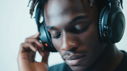 Young student adjusting headphones in close up portrait for youthful music experience concept
