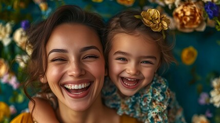 Fototapeta premium Happy mother and daughter embrace amidst a vibrant floral backdrop. Pure joy!