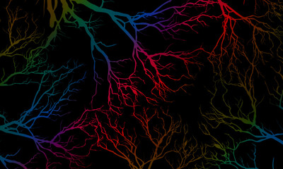 Abstract colorful roots pattern decorative black background. Futuristic nature background.